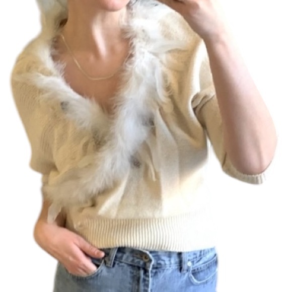 Bonnie and Bill Cream Angora Sweater Detachable Marabou Feather Collar Small VTG - Picture 2 of 16